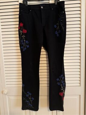 Charter Club Black Straight-Leg Jeans with Red & Blue Floral Embroidery